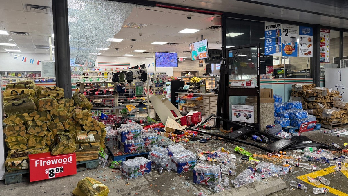 Broken glass and destroyed shelves at a Fort Worth gas station