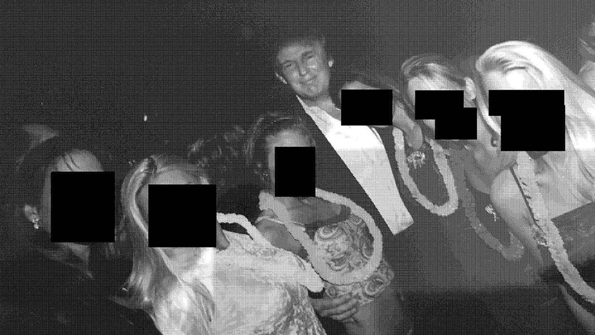 President Donald Trump with women whose faces have been redacted