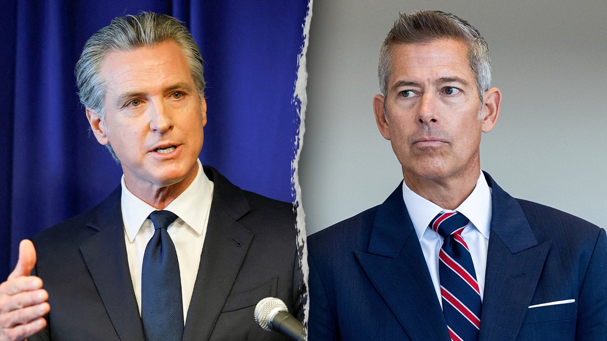 California Gov. Gavin Newsom and Transportation Secretary Sean Duffy shown in a split image