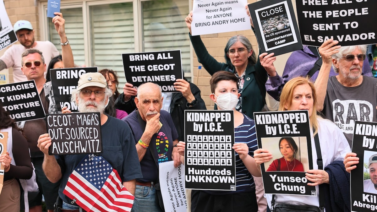 Demonstrators gather to protest against the deportation of immigrants to El Salvador outside the Permanent Mission of El Salvador to the United Nations on April 24, 2025 in New York City. Many of the deportees now detained at El Salvador’s Terrorism Confinement Center (CECOT) were sent there without court hearings under the Alien Enemies Act after a deal was brokered by U.S. President Donald Trump and El Salvador’s President Nayib Bukele. A federal judge in Maryland recently ordered the return of a 20-year-old Venezuelan man who was deported, citing a prior ruling involving Maryland man Kilmar Abrego Garcia who was mistakenly deported to his native El Salvador. The Trump administration has stated the justification as gang affiliation and as part of a broader deportation strategy. (Photo by Michael M. Santiago/Getty Images)
