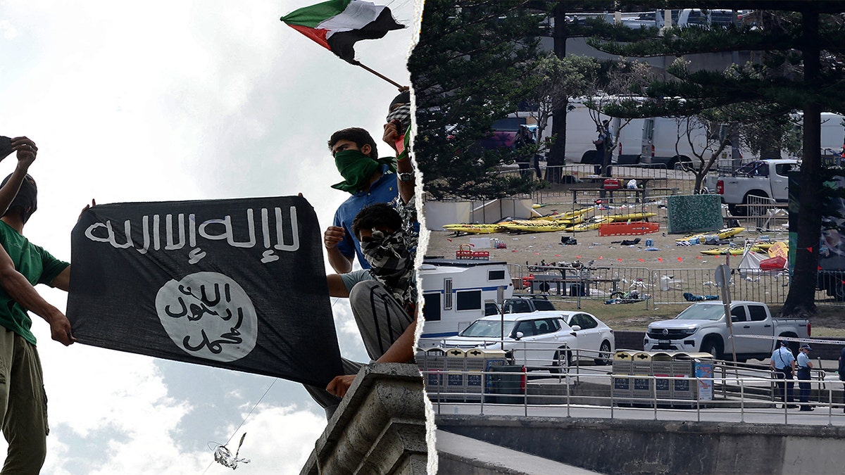 Split image shows men holding an ISIS flag on the left and a police-secured Bondi Beach crime scene on the right.