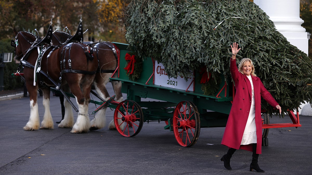 First lady Jill Biden waves after she receives the official White House Christmas Tree on the North Portico of the White House Nov. 22, 2021, in Washington.Â