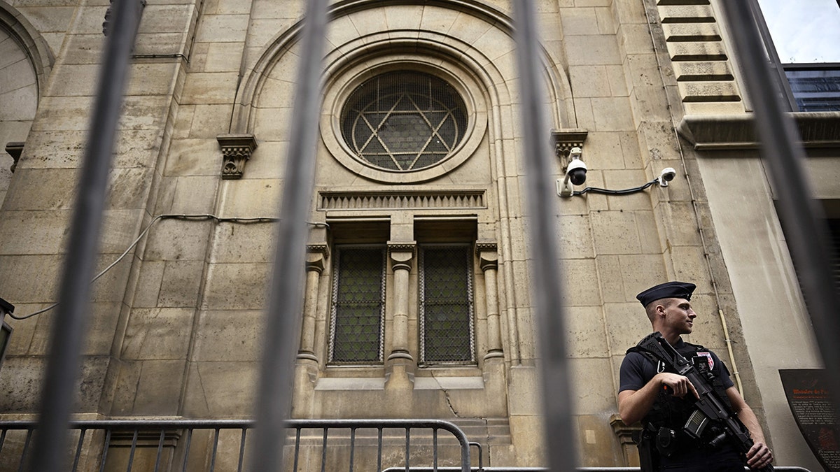 Security outside a synagogue in Paris, France.
