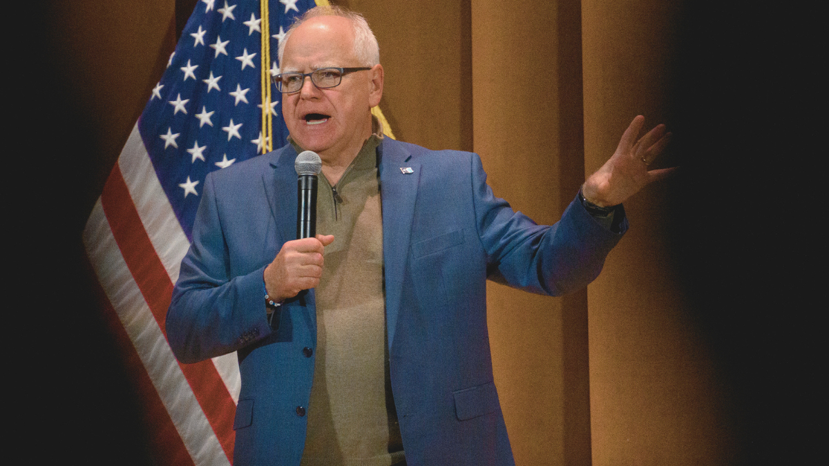 Minnesota Governor Tim Walz speaks at a town hall meeting in Youngstown, Ohio.