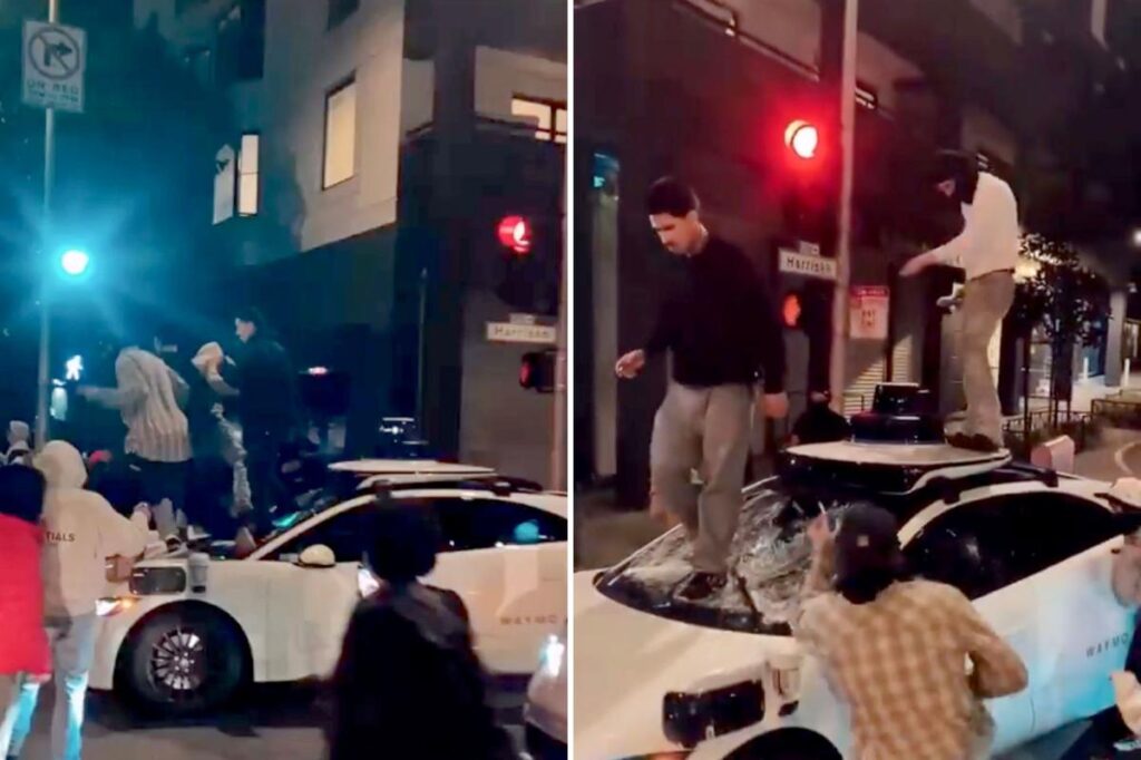 Video shows violent mob destroying self-driving Waymo car on streets of San Francisco
