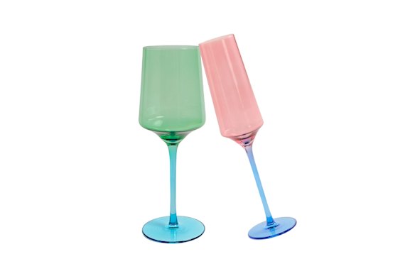 Kip and Co “Blue Robin” champagne glasses, $59 for two, and “Pistachio Crush” wines glasses, also $59 for two.
