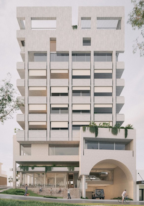A cyclist without helmet checks out the new building in an artist render. 