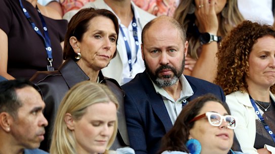 Jayne Hrdlicka and Josh Frydenberg in the crowd at the Australian Open last week.