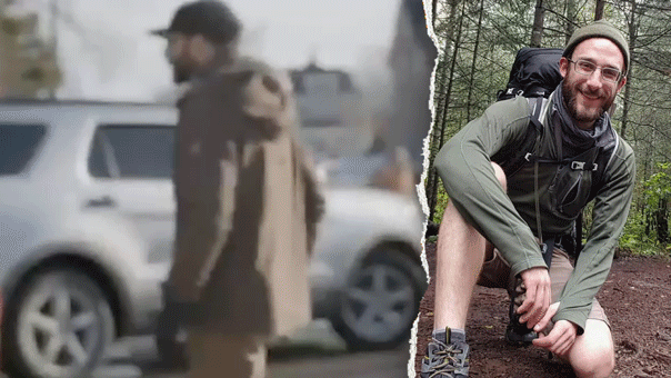 Split image of a man kicking and spitting a vehicle and Alex Pretti image