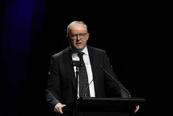 Prime Minister Anthony Albanese delivers an apology at the Sydney Opera House National Day of Mourning gathering for the victims of the Bondi terrorist attack in Sydney. 
