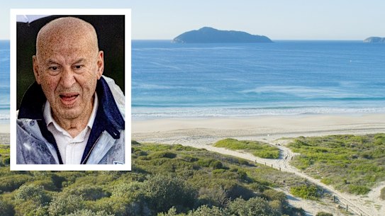Inset: Eddie Obeid. Main: The view from what would be level 4 of the Hawks Nest Beachside development once the luxury complex is completed.