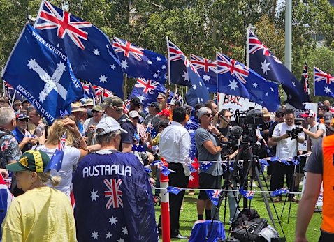Crowds gathering at the March for Australia rally in Perth on Australia Day.