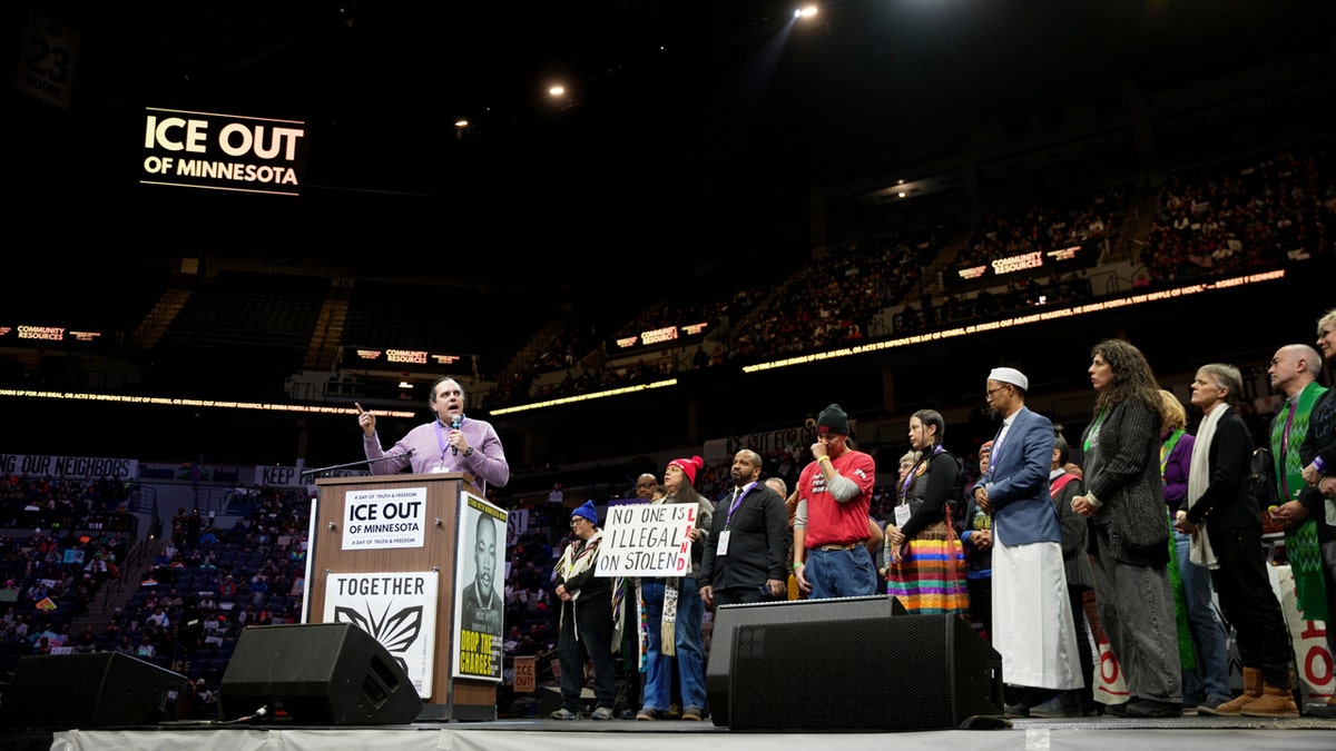 Nick Estes speaks during a rally at Target Center against federal immigration enforcement on Friday, Jan. 23, 2026, in Minneapolis.