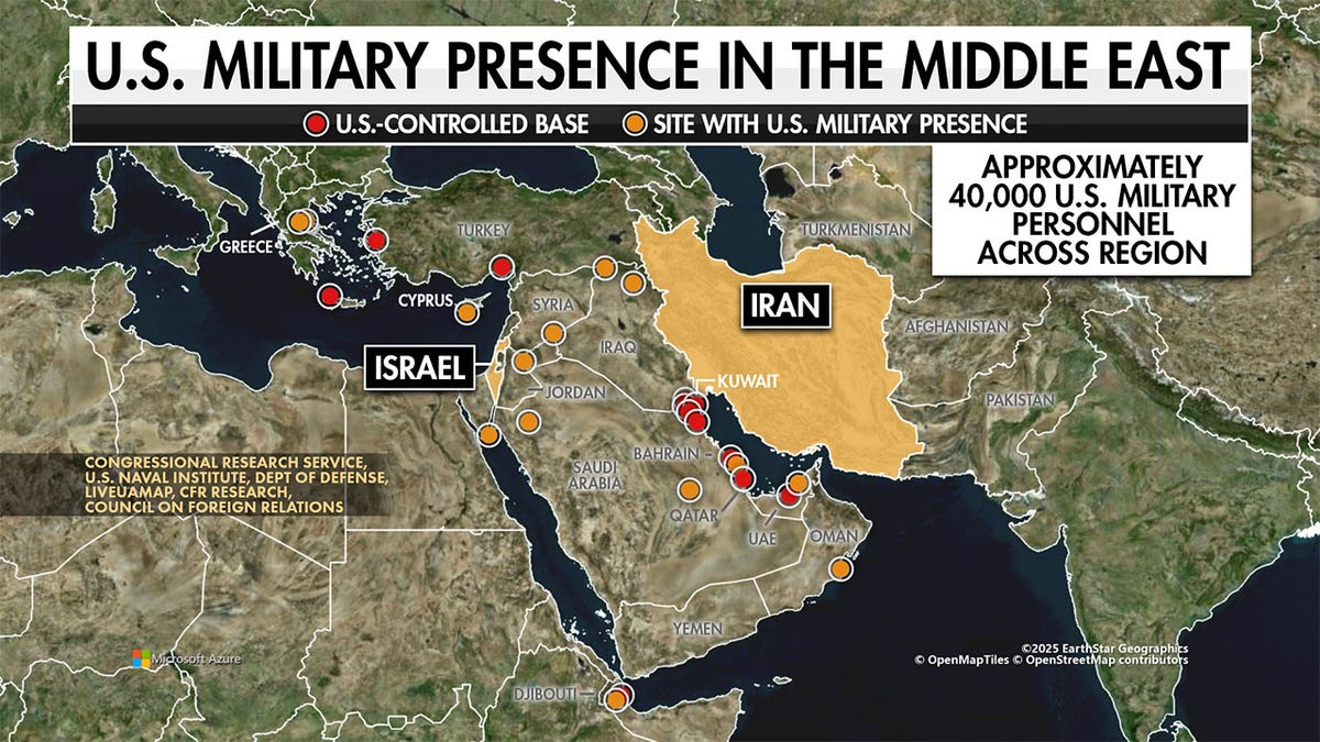 A map displays locations where the United States military has a presence in the Middle East.