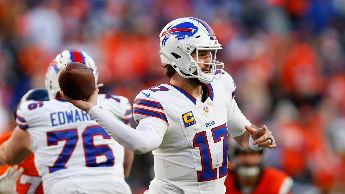 DENVER, COLORADO - JANUARY 17: Josh Allen #17 of the Buffalo Bills throws a pass against the Denver Broncos during the third quarter in the AFC Divisional Playoff game at Empower Field At Mile High on January 17, 2026 in Denver, Colorado.  (Photo by Justin Edmonds/Getty Images)