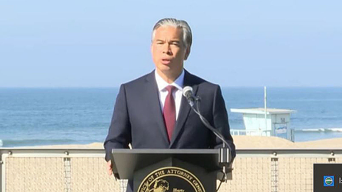 Rob Bonta annoucning pipeline lawsuit at a state beach