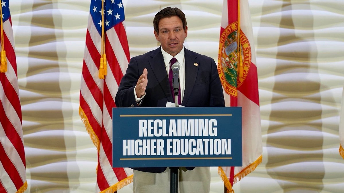 Florida Gov. Ron DeSantis gestures while speaking during news conference