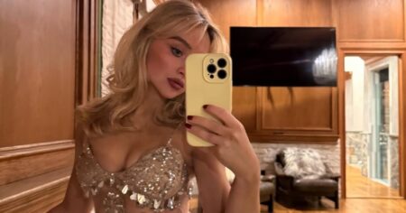 Sabrina Carpenter Shows Off a Silver Thong Underneath Her Glittering Naked Dress