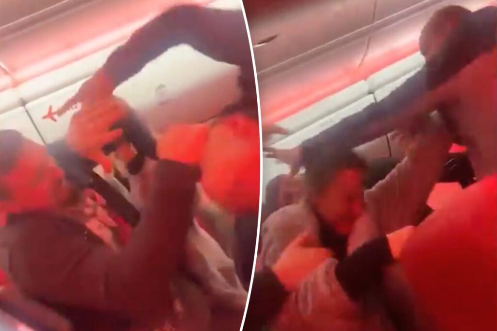 Watch the chaotic moments before ‘racist’ passengers are banned from airline after breaking out into wild brawl in the aisle