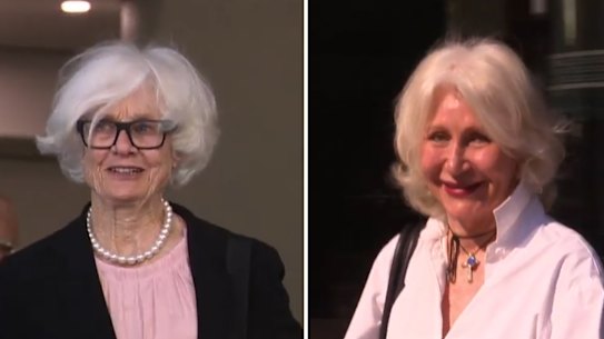 Claremont neighbours Louise St John Kennedy and Prudence Manners coming out of Perth Magistrates Court.