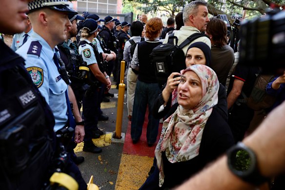 Protesters on Tuesday evening at Surry Hills Police Station.