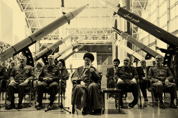 Iran’s Supreme Leader Ali Khamenei visits an exhibition of the Revolutionary Guard’s aerospace achievements in Iran in 2024.
