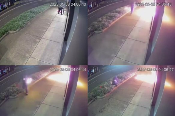 CCTV footage of a person lighting themselves on fire during an alleged arson attack in May 2025 on a Merrylands barber shop registered to Iziah Utai.