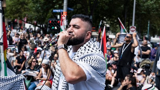 Businessman and pro-Palestinian activist Hash Tayeh, of the Burgertory chain, at a protest in Melbourne.