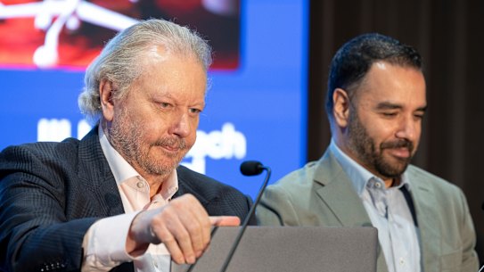 WiseTech co-founder and current executive chairman, Richard White, and his chief executive Zubin Appoo at the company’s AGM on Friday.