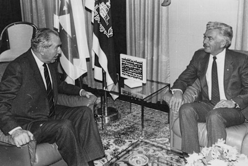 Israeli president Chaim Herzog with prime minister Bob Hawke during his visit to Australia in 1986.