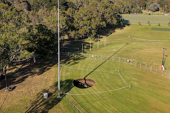 An aerial view of the sinkhole at AJ Burkitt Oval in Heidelberg.