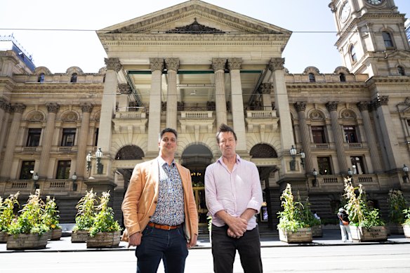 City of Port Phillip Mayor Alex Makin and City of Yarra Mayor Stephen Jolly outside Melbourne Town Hall.