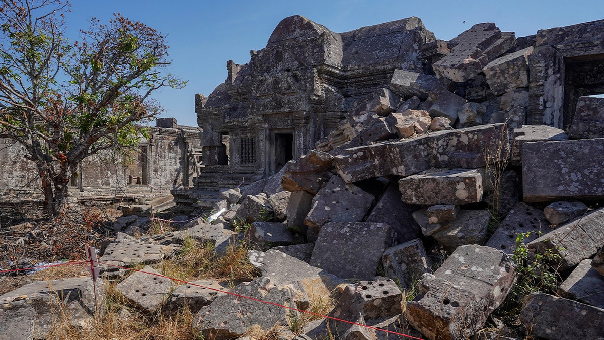Cambodian temple after Thai shelling.