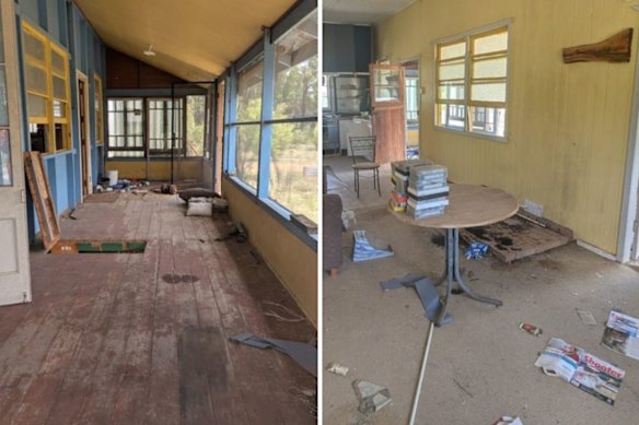 Photos taken inside the dilapidated home show a trapdoor and shooters magazine on the floor.