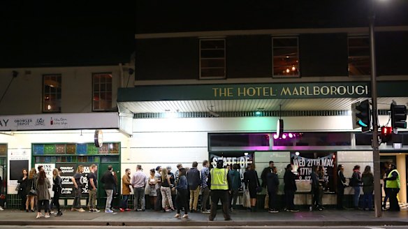 Crowds outside the Marlborough Hotel in Newtown, which is open until 4am.