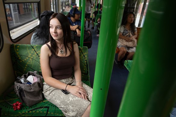 Talia Dalipis on the route 82 tram in Footscray.