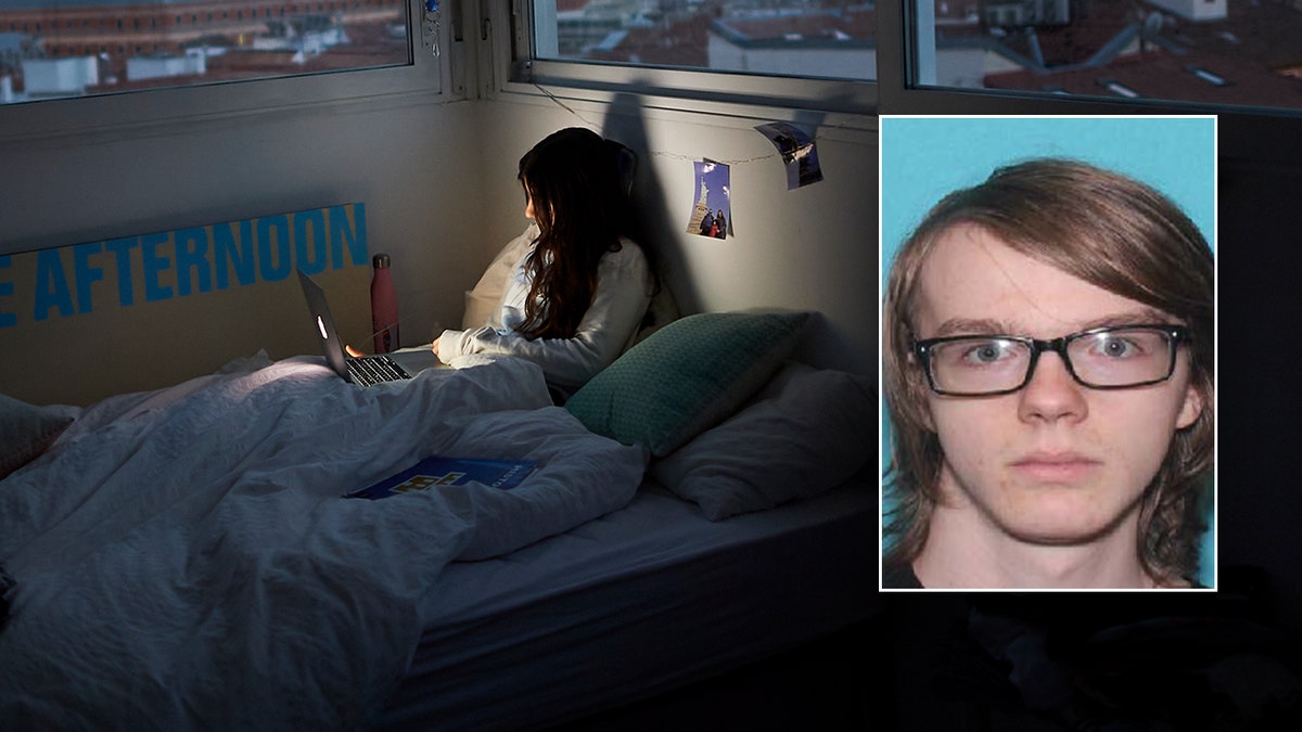 split photo of mugshot and girl in bed in dark room
