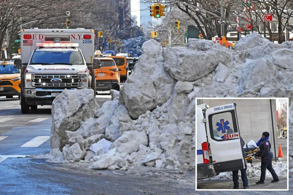 Exclusive | NYC EMTs, hospitals plagued by massive piles of week-old snow, thwarting emergency response: ‘It’s been a mess’