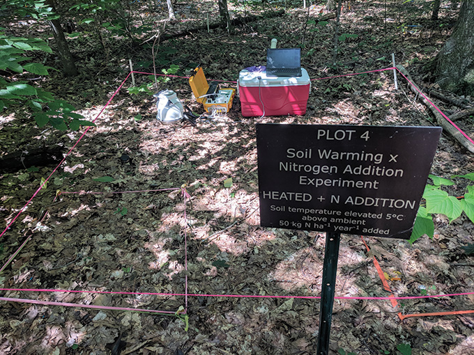 A roped-off plot of soil with a sign in front of it that says "PLOT 4: Soil Warming x Nitrogen Addition Experiment." The experiment aims to understand how global warming and nitrogen pollution affect the activity of soil microbes.