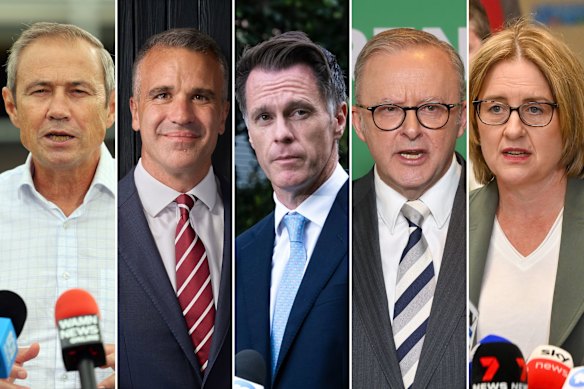 Prime Minister Anthony Albanese (second from right) and state premiers (from left) Roger Cook (WA), Peter Malinauskas (SA), Chris Minns (NSW) and Jacinta Allen (Vic).