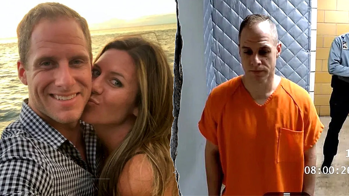 Caleb Flynn with his wife, Ashley Flynn (L) and Caleb Flynn virtually attending a court hearing (R).