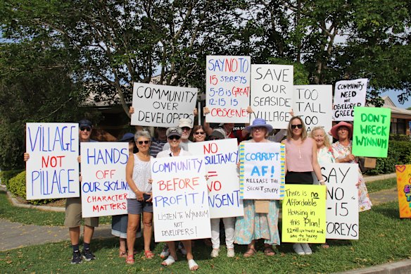 Wynnum residents protest outside LNP Councillor Alex Givney’s office in November last year over the plan to encourage apartment and mixed-use developments in their neighbourhood.