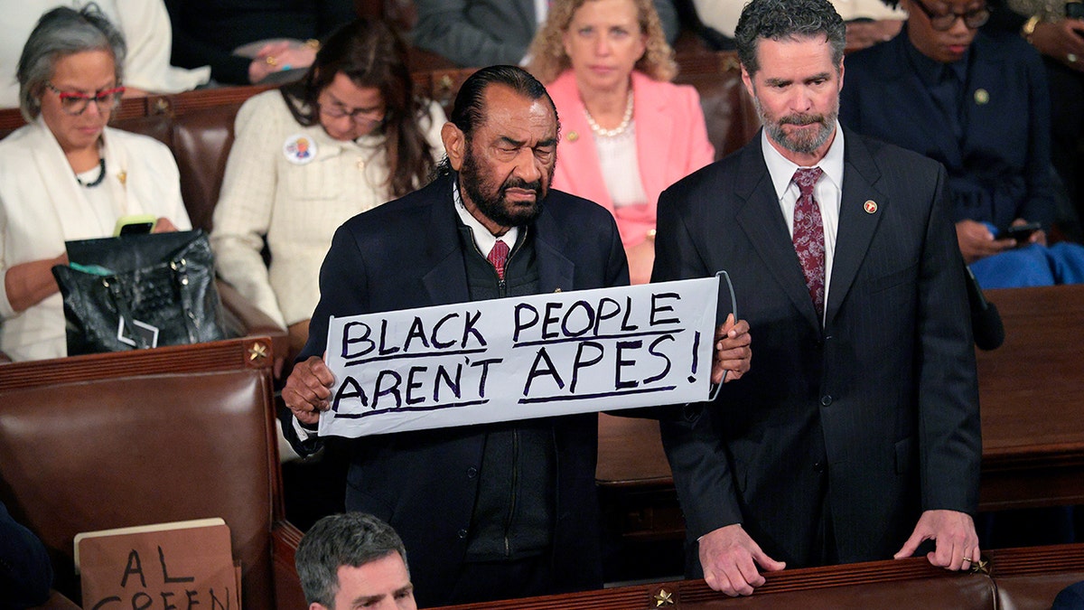 Rep. Al Green holds 'BLACK PEOPLE ARENT APES' sign