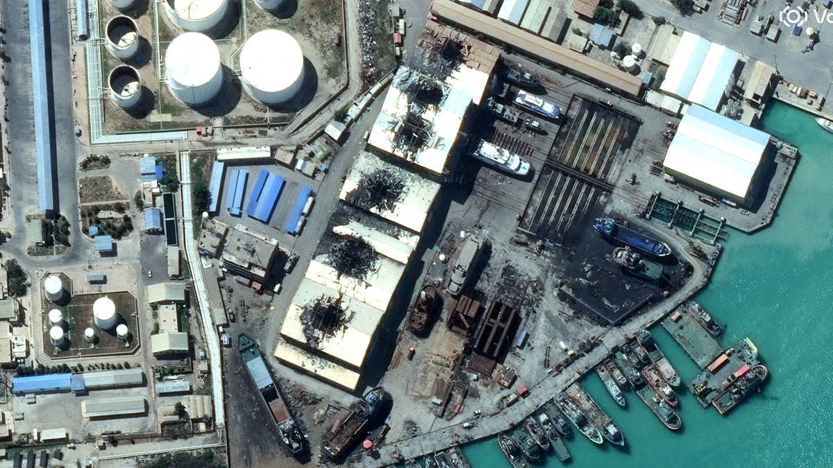 Vantor satellite image shows damage to naval halls and vessels at the Bushehr port area following airstrikes