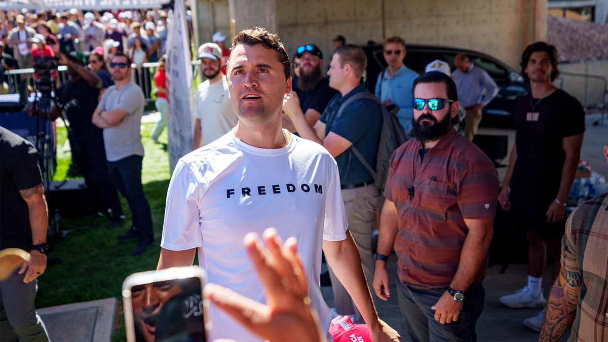 Charlie Kirk at UVU before shooting, facing the crowd