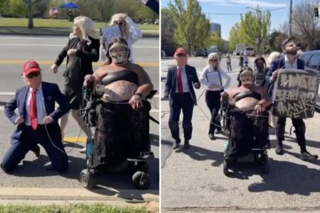 Atlanta ‘No Kings’ protest takes turn for weird as masked, wheelchair-using leftist walks Trump lookalike on leash