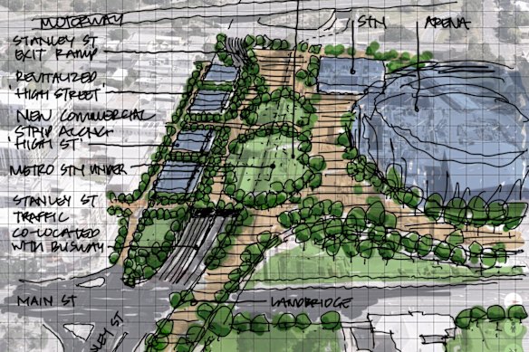 Stanley Street (left) would be diverted underground through the busway.