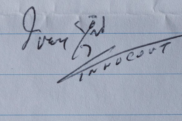 Ivan Milat signed off his letters with this stick figure and the word “innocent”. Rigby thinks it represents a hitchhiker.