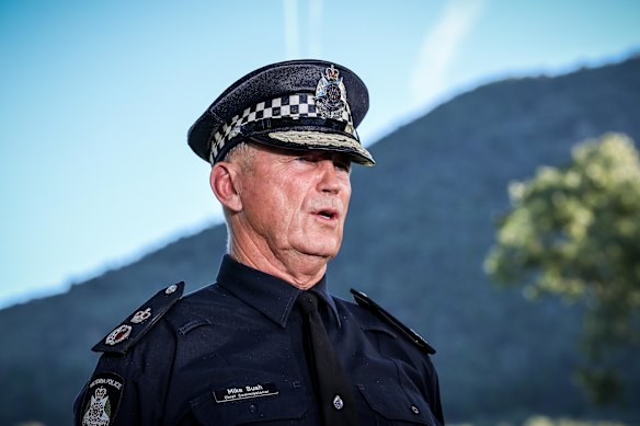 Victoria Police Commissioner Mike Bush speaks to media in northern Victoria on Monday afternoon.