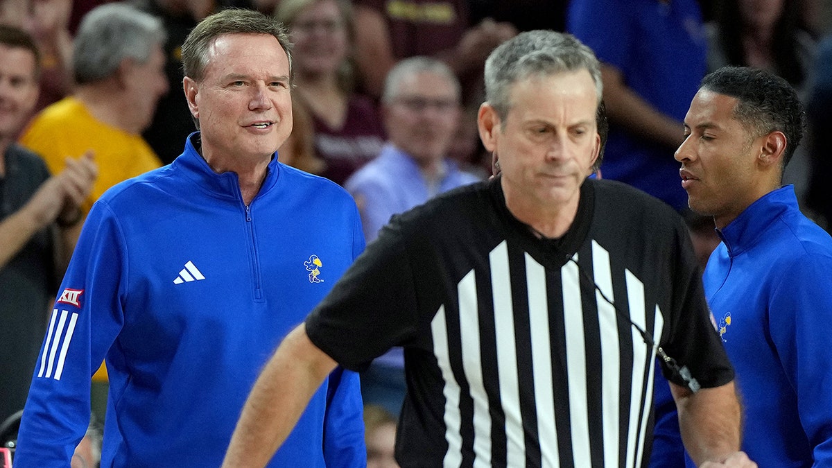 Kansas head coach Bill Self reacting after ejection during basketball game